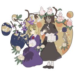  2girls album_cover_redraw black_footwear book capelet derivative_work dress flower flower_request hat hat_on_chest holding holding_book long_sleeves maribel_hearn michi_no_hana_michi_no_tabi multiple_girls purple_dress red_ribbon ribbon ribbon_trim shirt smile standing tokoroten_(hmmuk) touhou usami_renko white_legwear white_shirt 