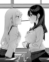  2girls blush breasts byte_(allbyte) classroom commentary desk eye_contact food greyscale highres indoors large_breasts long_hair looking_at_another medium_breasts monochrome mouth_hold multiple_girls original pleated_skirt pocky pocky_kiss school_desk school_uniform serafuku sidelocks sitting skirt sweatdrop window yuri 