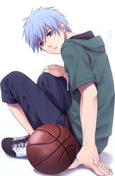  1boy ball basketball basketball_(object) blue_eyes blue_hair chinese_commentary expressionless green_hoodie hood hood_down hoodie knees_up kuroko_no_basuke kuroko_tetsuya light_blue_hair looking_at_viewer male_focus pants parted_lips shoes short_hair short_sleeves simple_background sitting sneakers solo white_background xuan_zhi_yue_ying 