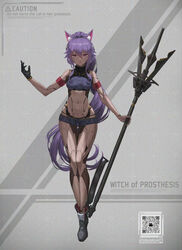  animal_ears bare_shoulders black_gloves boots breasts brown_kemomimi-chan_(krr) commission cyborg english_text female glaze_artifacts gloves highres holding holding_staff long_hair looking_at_viewer mecha_musume navel open_mouth original paid_reward_available pixiv_commission purple_eyes purple_hair revealing_clothes science_fiction solo staff thigh_gap tom-neko_(zamudo_akiyuki) very_long_hair 