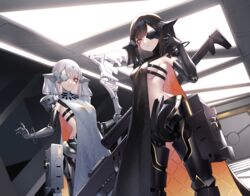  2girls absurdres adeline_(girls&#039;_frontline) alina_(girls&#039;_frontline) armpits black_hair black_scapular breasts commentary_request cowboy_shot cyborg dress eyepatch facial_mark girls&#039;_frontline gun headgear highres holding holding_gun holding_scythe holding_weapon indoors mechanical_arms mechanical_legs medium_breasts medium_hair metal_eyepatch multiple_girls nyto_(girls&#039;_frontline) paradeus scapular scythe sideboob weapon white_hair white_scapular yellow_eyes zijiang 