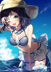  40_(0f0urw) ;d absurdres aiba_uiha arm_up bare_arms bare_shoulders bikini black_hair blue_eyes blue_flower blurry blurry_background braid breasts brown_hat commentary_request commission day depth_of_field female fisheye flower frilled_bikini frills hand_on_headwear hat highres horizon looking_at_viewer nijisanji ocean one_eye_closed outdoors see-through skeb_commission small_breasts smile solo striped_bikini striped_clothes swimsuit vertical-striped_bikini vertical-striped_clothes virtual_youtuber water 