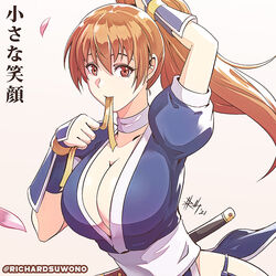  arm_guards artist_name breasts brown_eyes brown_hair choker cleavage commentary dead_or_alive dead_or_alive_2 female high_ponytail holding japanese_clothes kasumi_(doa) kodachi large_breasts long_hair looking_at_viewer mouth_hold ninja petals ponytail puffy_short_sleeves puffy_sleeves richard_suwono short_sleeves short_sword signature simple_background smile sword upper_body weapon 