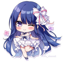  ;) blue_footwear blue_hair blue_ribbon blush bow breasts cleavage closed_mouth commentary_request dress female flower frilled_bow frilled_dress frills full_body hair_between_eyes hairbow high_heels long_hair medium_breasts mitsuba_choco neck_ribbon one_eye_closed original pink_flower pleated_dress purple_eyes purple_flower ribbon shoes sleeveless sleeveless_dress smile solo standing standing_on_one_leg twitter_username very_long_hair white_bow white_dress white_flower 