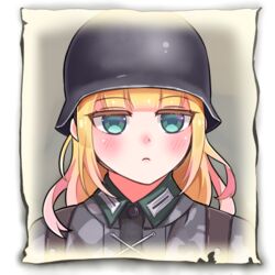  blonde_hair camouflage camouflage_jacket closed_mouth commentary company_of_heroes female german_army green_eyes hat helmet jacket long_hair looking_at_viewer lowres military military_hat military_uniform original portrait simple_background solo transparent_background uniform world_war_ii zhainan_s-jun 