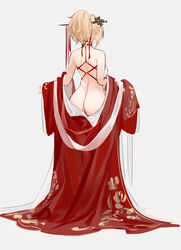  absurdres ass azur_lane back bare_back bare_shoulders blonde_hair commentary dress facing_away female from_behind full_body glorious_(azur_lane) glorious_(pungent_plum)_(azur_lane) hair_ornament hair_ribbon hair_stick highres kincora median_furrow neck_ribbon official_alternate_costume official_art print_dress red_dress ribbon simple_background solo standing strapless strapless_dress undressing white_background wide_sleeves 