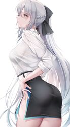  ass black_bow black_bra black_skirt blue_eyes bow bra bra_visible_through_clothes braid breasts closed_mouth fate/grand_order fate_(series) female from_above grey_hair hair_between_eyes hairbow high-waist_skirt highres kisaki_oni large_breasts looking_at_viewer looking_to_the_side morgan_le_fay_(chaldea_satellite_station)_(fate) morgan_le_fay_(fate) office_lady pencil_skirt ponytail see-through see-through_shirt shirt side_slit skirt solo underwear white_background white_shirt 