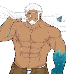  1boy abs aegir_(housamo) anchor_earrings aqua_hair bara beard blue_eyes dark-skinned_male dark_skin earrings facial_hair fins fish_boy highres holding holding_clothes holding_shirt jewelry large_pectorals male_focus male_underwear mature_male multicolored_hair muscular muscular_male navel navel_hair nipples open_clothes open_shorts pectorals shirt short_hair shorts single_earring solo stomach streaked_hair tokyo_afterschool_summoners topless_male underwear white_hair white_male_underwear xiaojishangtian 