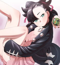  arm_behind_head asymmetrical_bangs bad_id bad_pixiv_id black_choker black_hair black_jacket black_nails blush choker closed_mouth commentary dress dusk_ball earrings eyelashes female green_eyes hair_ribbon highres holding holding_poke_ball jacket jewelry leg_hold long_sleeves looking_at_viewer marnie_(pokemon) nail_polish nutkingcall open_clothes open_jacket pink_dress pink_ribbon poke_ball pokemon pokemon_swsh ribbon solo 