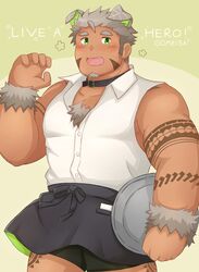  1boy absurdres animal_ears apron arm_tattoo bara bare_arms bare_shoulders black_collar black_male_underwear blush body_fur boxers chest_hair claw_pose collar copyright_name cowboy_shot dog_boy dog_ears facial_hair fangs goatee gomeisa_(live_a_hero) green_eyes grey_hair hair_strand highres live_a_hero long_sideburns looking_at_viewer male_focus male_underwear muscular muscular_male pectorals shirt short_hair sideburns sleeveless sleeveless_shirt smile solo tattoo thick_thighs thighs tribal_tattoo underwear waist_apron waiter watanukitail white_shirt 