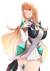  absurdres bad_id bad_twitter_id bare_legs bare_shoulders blonde_hair breasts chest_jewel cleavage cleavage_cutout clothing_cutout dress earrings elbow_gloves female gloves highres jewelry large_breasts long_hair mythra_(xenoblade) risumi_(taka-fallcherryblossom) short_dress simple_background swept_bangs thigh_strap tiara very_long_hair white_dress white_gloves xenoblade_chronicles_(series) xenoblade_chronicles_2 yellow_eyes 