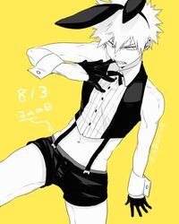  1boy animal_ears bakugou_katsuki black_gloves boku_no_hero_academia glove_in_mouth gloves greyscale_with_colored_background male_focus male_playboy_bunny maneki-neko_(fujifuji) midriff monochrome mouth_hold navel rabbit_ears short_shorts shorts simple_background solo spiked_hair teeth_hold wrist_cuffs yellow_background yellow_theme 