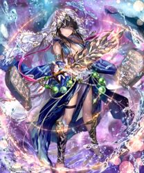  armlet bare_shoulders barefoot beads black_hair breasts brown_hair chains cleavage commentary female irua long_hair looking_at_viewer medium_hair official_art prophetess_of_creation purple_eyes shadowverse shin_guards shingeki_no_bahamut smile solo stone_tablet veil water water_drop weapon 