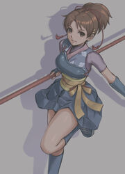  absurdres armor bo_staff bow bowtie breastplate brown_eyes brown_hair commentary_request female fingerless_gloves floral_print gloves grey_background hair_ornament hairclip hakama hakama_skirt highres holding holding_weapon japanese_clothes leg_up long_hair looking_at_viewer muneate nanase_(street_fighter) obi parted_lips pleated_skirt polearm ponytail sash shadow shoes short_sleeves simple_background skirt smile sneakers socks solo street_fighter street_fighter_ex_(series) thighs tyanoki weapon 