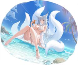  animal_ear_fluff animal_ears anklet azur_lane barefoot bikini breasts cleavage feet female fox_ears fox_girl fox_tail highres in_water jewelry kitsune knees_together_feet_apart knees_up kyuubi large_breasts legs long_hair multiple_tails off_shoulder official_alternate_costume official_art palm_tree purple_eyes see-through see-through_sleeves shinano_(azur_lane) shinano_(dreamy_white_sands)_(azur_lane) soaryuna starfish swimsuit tail toes tree untied_bikini water white_bikini white_hair white_tail 