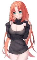  black_dress blush breasts cleavage closed_mouth dress female genshin_impact highres large_breasts long_hair long_sleeves looking_at_viewer nilou_(genshin_impact) nyuu_(pixiv12143565) red_hair solo sweater thighs turtleneck turtleneck_dress white_background 