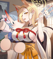  absurdres animal_ears bare_shoulders blonde_hair blue_archive breasts character_doll chise_(blue_archive) commentary_request day detached_sleeves extra_ears eyeshadow female fox_ears gangbyeon hair_over_one_eye hairband halo highres indoors japanese_clothes kaho_(blue_archive) kimono korean_commentary large_breasts long_hair looking_at_viewer makeup mole mole_under_mouth one_eye_closed open_mouth pink_eyeshadow sideboob sideless_kimono sleeveless sleeveless_kimono solo stuffed_toy sweat thick_eyebrows white_kimono wide_sleeves yellow_eyes yellow_halo 