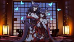  2girls absurdres animal_ears artist_name azur_lane black_hair black_kimono black_legwear blue_eyes breasts bug butterfly cat_ears cat_girl copyright_name finger_to_mouth fox_mask fusou_(azur_lane) fusou_(meta)_(azur_lane) highres indoors japanese_clothes kashenori kimono large_breasts licking licking_finger long_hair looking_at_viewer mask mask_on_head multiple_girls off_shoulder red_eyes red_nails short_hair shouji signature sliding_doors thighhighs tongue tongue_out white_thighhighs wide_sleeves yamashiro_(azur_lane) yamashiro_(meta)_(azur_lane) 