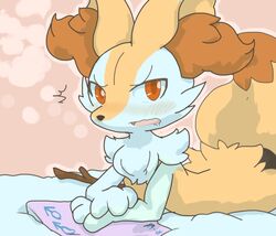  2015 ambiguous_gender anthro blush braixen ear_tuft fur generation_6_pokemon looking_at_viewer lying nintendo on_front open_mouth orange_eyes pokemon pokemon_(species) solo stick tuft wadorigi white_body white_fur yellow_body yellow_fur 