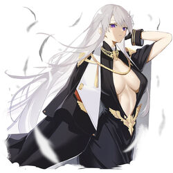  arm_up azur_lane black_dress black_gloves breasts center_opening chains clothing_request dress enterprise_(azur_lane) enterprise_(heroic_finery)_(azur_lane) feathers female floating_hair gloves hand_in_own_hair highres large_breasts long_hair looking_at_viewer marumai no_bra official_alternate_costume open_clothes parted_lips plunging_neckline purple_eyes solo very_long_hair white_background white_hair wind 