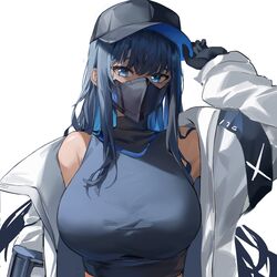  assault_rifle bad_id bad_twitter_id bare_shoulders baseball_cap black_gloves black_headwear black_mask blue_archive blue_eyes blue_hair breasts crop_top dasha female gloves gun hand_on_headwear hand_up hat highres jacket large_breasts long_hair looking_at_viewer mask midriff mouth_mask rifle saori_(blue_archive) shirt sidelocks sig_516 sig_sauer sleeveless sleeveless_shirt weapon white_background white_jacket 