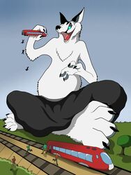  2019 4_fingers 4_toes ambiguous_gender anthro arctic_fox blue_eyes bullet_train canid canine clothed clothing day feet fingers fox fur group holding_object human macro male mammal open_mouth plant rail_tracks running sitting size_difference sky toes topless train tree true_fox vegabone vegabone_(character) vehicle white_body white_fur 