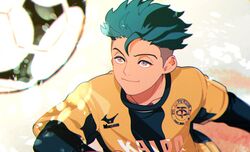  1boy ao_ashi ball day green_hair ika_choco light_smile male_focus ootomo_eisaku outdoors purple_eyes short_sleeves soccer_ball soccer_uniform solo sportswear upper_body 