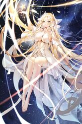  absurdly_long_hair absurdres azur_lane blonde_hair blue_eyes breasts brest_(azur_lane) clothing_cutout commentary dress female floating floating_hair full_body highres large_breasts legs leotard long_dress long_hair nail_polish pointy_ears revealing_clothes toenail_polish toenails toes underboob underboob_cutout very_long_hair white_dress white_leotard xiongshouji 