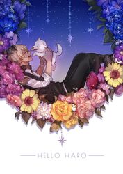  1boy :d amuro_tooru animal black_hoodie black_pants blonde_hair blue_flower blush canine casual character_name chitose_(chitose_70207) closed_eyes commentary_request english_text flower from_side gradient_sky hands_up happy haro_(meitantei_conan) highres holding holding_animal holding_dog hood hoodie male_focus meitantei_conan night night_sky open_mouth pants pink_flower pun purple_flower reclining red_flower short_hair sky sleeves_rolled_up smile star_(sky) starry_sky white_dog white_flower yellow_flower 