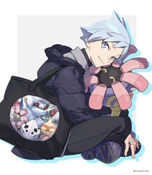  1boy aged_down anorith bad_id bad_twitter_id baltoy black_bag black_pants coat commentary_request grey_eyes grey_hair head_down highres holding holding_pokemon jewelry lairon lileep looking_at_viewer male_focus metang pants pokemon pokemon_(creature) pokemon_rse ring shoes sitting skarmory smile steven_stone xia_(ryugo) 