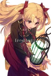  birdcage blonde_hair breasts cage commentary con_(fate) echo_(circa) ereshkigal_(fate) ereshkigal_(youming_niangniang)_(fate) fate/grand_order fate_(series) female long_hair medium_breasts parted_bangs red_eyes two_side_up vietnamese_dress 