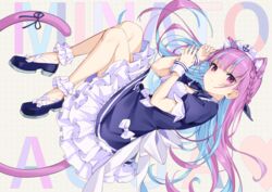  animal_ears blush bow braids catgirl dress headdress hololive ikomochi long_hair minato_aqua purple_eyes purple_hair tail wristwear 