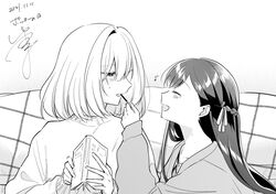  2girls asaka_kaori blush book braid commentary dated eighth_note feeding food greyscale hair_ribbon highres holding holding_book hoshikawa_shizuku kimi_to_tsuzuru_utakata long_hair mole mole_on_neck mole_under_eye monochrome multiple_girls musical_note open_mouth pocky pocky_day ribbon short_hair signature smile sweatdrop sweater upper_body yuama_(drop) yuri 