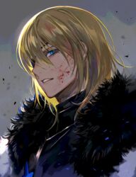  1boy armor blonde_hair blood blood_on_face blue_hair breastplate commentary dimitri_alexandre_blaiddyd eyepatch fire_emblem fire_emblem:_three_houses fur_collar highres kyufe male_focus open_mouth solo 