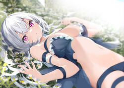  absurdres babydoll black_panties blurry blurry_background breasts commentary_request depth_of_field female flower frills grey_hair hands_up highres kamioka_shun&#039;ya large_breasts long_hair looking_at_viewer lying navel on_back on_grass original panties parted_lips purple_eyes shiori_(kamioka_shun&#039;ya) solo stomach underwear underwear_only very_long_hair white_flower 