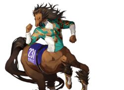  1boy belt black_belt brown_hair centaur clenched_hands fate/grand_order fate_(series) hand_up hooves horse_legs itefu jersey long_hair long_sleeves official_art red_hare_(fate) shirt tail taur transparent_background 