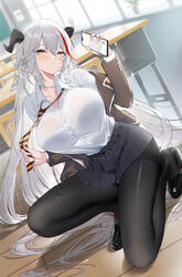  absurdres aegir_(azur_lane) alternate_costume ayanami_barrage_(meme) azur_lane black_pantyhose black_skirt blush breasts calder collared_shirt dress_shirt female highres holding holding_phone horns large_breasts long_hair long_sleeves looking_at_viewer meme multicolored_hair pantyhose phone pleated_skirt shirt skirt solo streaked_hair taut_clothes taut_shirt thighband_pantyhose very_long_hair white_hair white_shirt yellow_eyes 