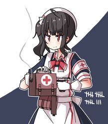  ac130 ahoge armband bag black_hair bullet_hole commentary_request female girls&#039;_frontline gloves gsh-18 gsh-18_(girls&#039;_frontline) gsh-18_(mobile_operating_table)_(girls&#039;_frontline) gun handgun hat holding holding_bag holding_gun holding_weapon nurse nurse_cap official_alternate_costume one_side_up red_eyes short_sleeves smoke solo tally upper_body weapon white_gloves 