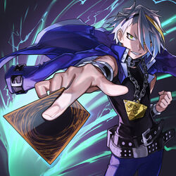  1boy belt black_belt black_collar black_hairband blonde_hair blue_jacket blue_pants card clenched_hand clenched_teeth collar cosplay demon-za electricity grey_hair hair_behind_ear hair_over_one_eye hairband highres holding holding_card indie_virtual_youtuber jacket jacket_on_shoulders millennium_puzzle multicolored_hair one_eye_covered pants sharp_teeth solo streaked_hair teeth utai_meika v-shaped_eyebrows virtual_youtuber yami_yuugi yami_yuugi_(cosplay) yu-gi-oh! 