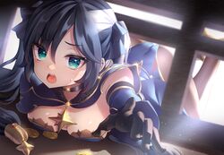  ass black_gloves black_hair blue_leotard blush breast_rest breasts capelet choker cleavage coin detached_sleeves female fur_collar furrowed_brow genshin_impact gloves gold_coin green_eyes hair_ornament highres leotard long_hair looking_at_viewer lying mona_(genshin_impact) mora_(genshin_impact) neit_ni_sei on_stomach open_mouth outstretched_hand pantyhose small_breasts solo star_(symbol) star_choker star_hair_ornament stuck sweatdrop tears twintails 