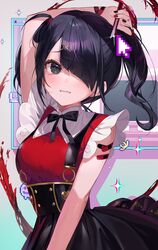  absurdres ame-chan_(needy_girl_overdose) arm_up bandaid bandaid_on_arm black_eyes black_hair black_nails black_ribbon black_skirt blood blood_splatter blush boxcutter chromatic_aberration clenched_teeth collar collared_shirt commentary_request cursor dress female frown hair_ornament hair_over_one_eye hair_tie highres holding holding_boxcutter knowa long_hair looking_at_viewer monitor multicolored_nails neck_ribbon needy_girl_overdose parted_bangs red_nails red_shirt ribbon sad shirt shirt_tucked_in skirt sleeveless sleeveless_dress solo sparkle suspender_skirt suspenders tearing_up tears teeth twintails upper_body white_collar window_(computing) x_hair_ornament 