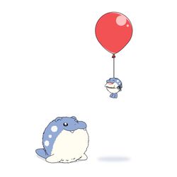  balloon black_eyes closed_mouth commentary fangs fangs_out flying from_side highres no_humans pokemon pokemon_(creature) risapaso simple_background smile spheal string white_background 