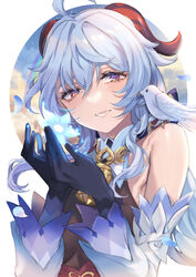  ahoge animal_on_shoulder bad_id bad_pixiv_id bare_shoulders bird bird_on_shoulder blue_flower blue_gloves blue_hair breasts commentary_request detached_sleeves eyebrows_hidden_by_hair female flower ganyu_(genshin_impact) genshin_impact glaze_lily gloves hair_between_eyes hands_up highres holding holding_flower horns kayanogura long_hair long_sleeves looking_at_viewer medium_breasts parted_lips solo upper_body white_sleeves 