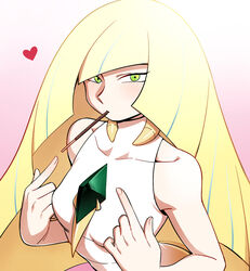  bare_arms blonde_hair blush breasts collarbone commentary dress female fingernails food gem green_eyes hands_up heart highres index_fingers_raised long_hair looking_at_viewer lusamine_(pokemon) mouth_hold multicolored_hair nutkingcall pocky pokemon pokemon_sm sleeveless sleeveless_dress small_breasts solo streaked_hair upper_body 