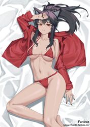  animal_ears arknights arm_up bare_shoulders bed_sheet bikini black_hair breasts collarbone commentary_request female groin highres long_hair long_sleeves lying navel on_back orange_eyes parted_lips ponytail red_bikini red_shirt shirt sidelocks siguya solo stomach swimsuit tail texas_(arknights) thighs wolf_ears wolf_tail 