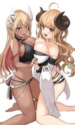  2girls :d absurdres anila_(granblue_fantasy) anila_(summer)_(granblue_fantasy) bad_id bad_twitter_id bikini blonde_hair blush breast_press breasts colored_inner_hair dark-skinned_female dark_skin draph embarrassed flower ganesagi granblue_fantasy hair_flower hair_ornament highres horns interlocked_fingers kneeling kumbhira_(granblue_fantasy) kumbhira_(summer)_(granblue_fantasy) large_breasts long_hair looking_at_viewer multicolored_hair multiple_girls official_alternate_costume pointy_ears red_hair sheep_horns smile swimsuit symmetrical_docking yellow_eyes 