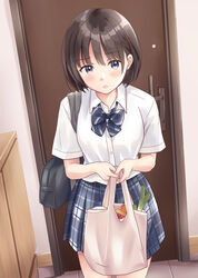  bag black_bow black_hair blue_eyes blue_skirt blush bow breasts collared_shirt commentary diagonal_stripes door dress_shirt female groceries highres holding holding_bag indoors looking_at_viewer original parted_lips plaid plaid_skirt plastic_bag pleated_skirt school_bag school_uniform shirt short_sleeves skirt small_breasts solo standing striped striped_bow white_shirt yukimaru217 