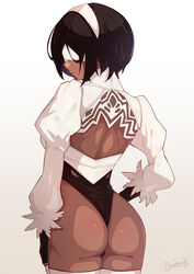  2p_(nier:automata) ass back black_hair blindfold covered_eyes darahan dark-skinned_female dark_skin female hairband leotard mole mole_under_mouth nier:automata nier_(series) puffy_sleeves short_hair simple_background solo soulcalibur soulcalibur_vi thighhighs white_background white_blindfold white_thighhighs 