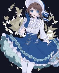  :d atama_ga_pa bag blue_eyes blue_gloves blue_hat blush bonnet bow bright_pupils brown_hair commentary_request emma_woods emma_woods_(boudoir_dream) female freckles frilled_gloves frilled_shirt frilled_skirt frilled_sleeves frills gloves hat high-waist_skirt holding holding_bag identity_v lolita_fashion long_sleeves official_alternate_costume open_mouth puffy_long_sleeves puffy_sleeves shirt short_hair sidelocks skirt smile solo symbol-shaped_pupils thighhighs white_pupils white_thighhighs 