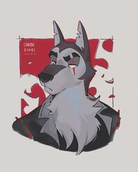  2021 4:5 bust_portrait canid canid_demon canine canis canyne_khai clothing demon fur grey_body grey_fur hellhound helluva_boss hi_res looking_aside male mammal portrait red_eyes scar serious_face simple_background solo vortex_(vivzmind) wolf 